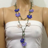 Lilac,Royal Blue Beige Crochet beaded flower lariat necklace with Green Jade Stones